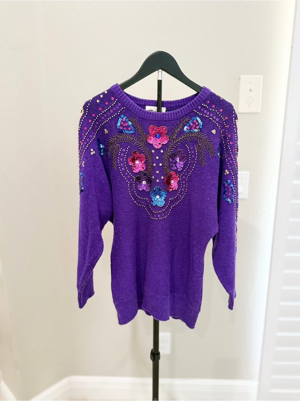 Vintage Early 90s Marnie West Purple Silk Angora Beaded Sweater Art to Wear